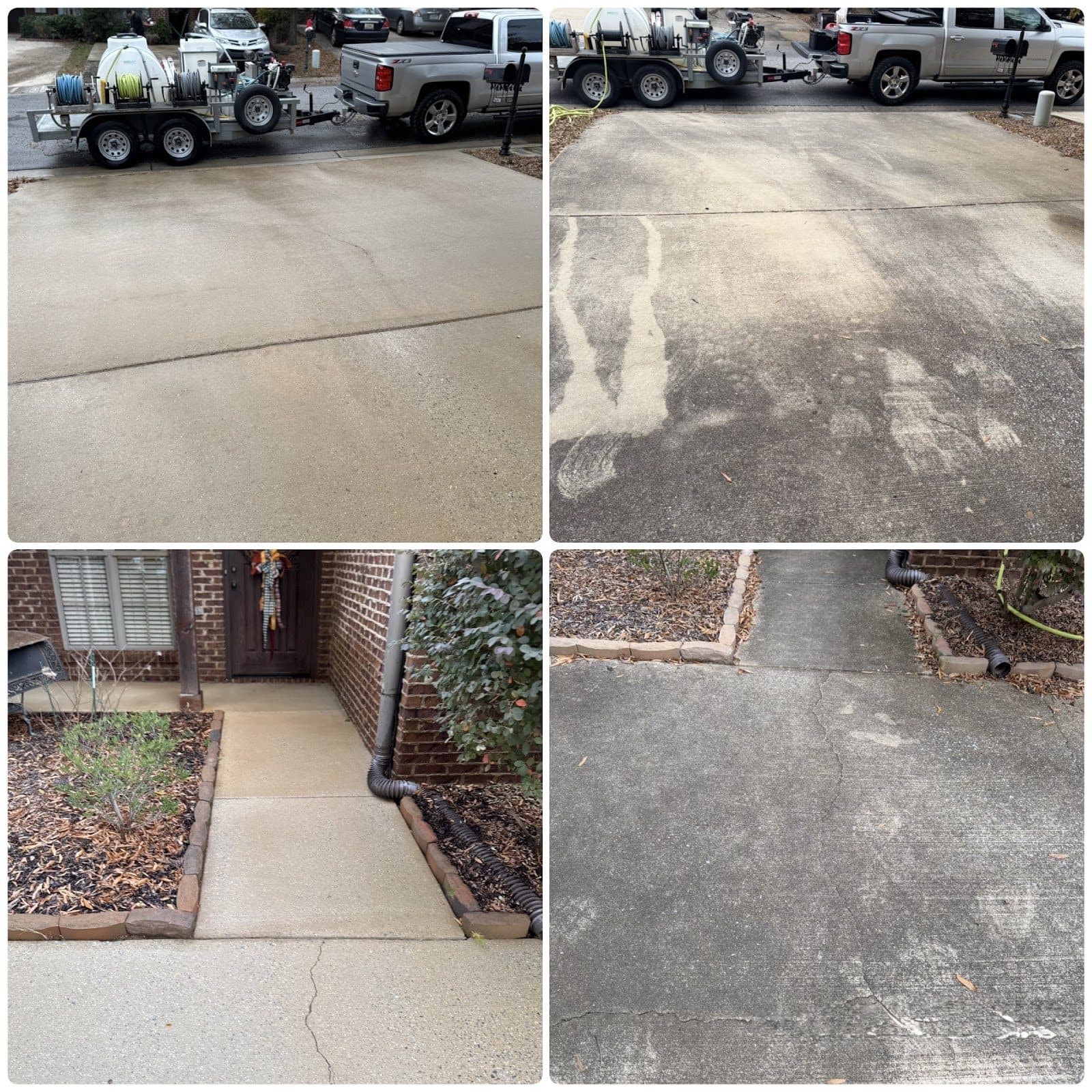 Driveway and sidewalk concrete before and after cleaning, four panels, Birmingham metro